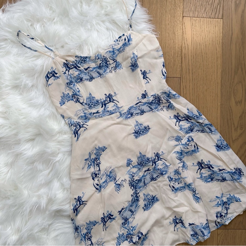 Aritzia Sunday Best Toile Cream and Blue Dress